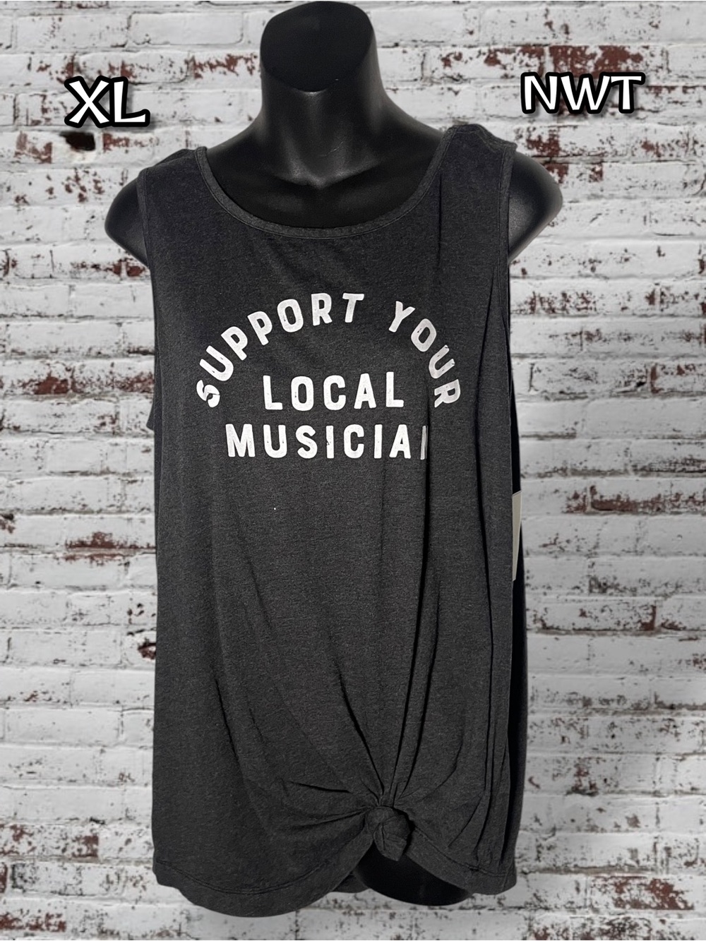 TRUE CRAFT NWT Support Your Local Musicians Twist Knot Front Tank Top XL